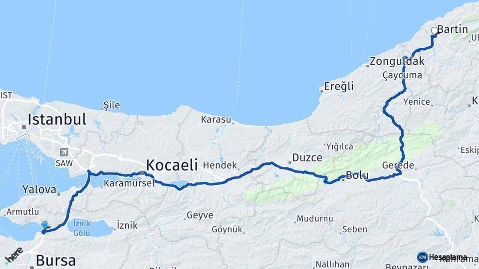 Bursa Gemlik Bartın Arası Kaç Km - Yol Haritası