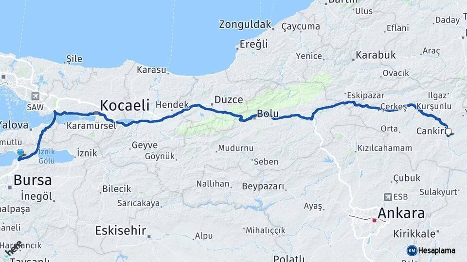 Bursa Gemlik Çankırı Arası Kaç Km - Yol Haritası