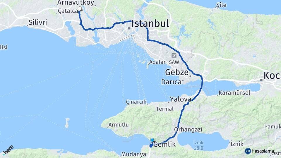 Bursa Gemlik Hadımköy Arnavutköy İstanbul Arası Kaç Km - Yol Haritası