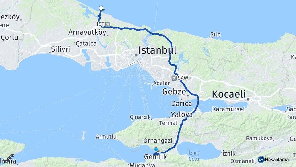 Bursa Gemlik Karaburun Arnavutköy İstanbul Arası Kaç Km - Yol Haritası