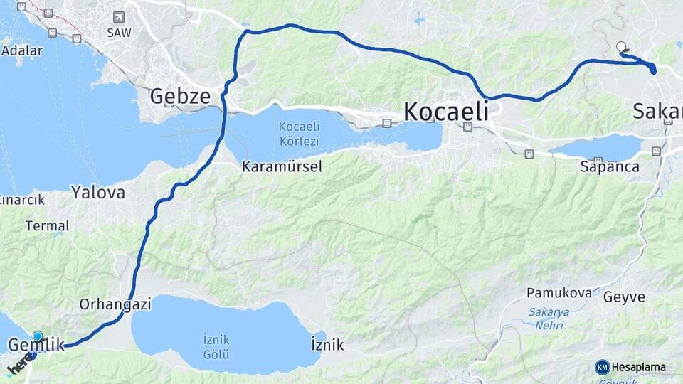 Bursa Gemlik Korucuk Adapazarı Sakarya Arası Kaç Km - Yol Haritası
