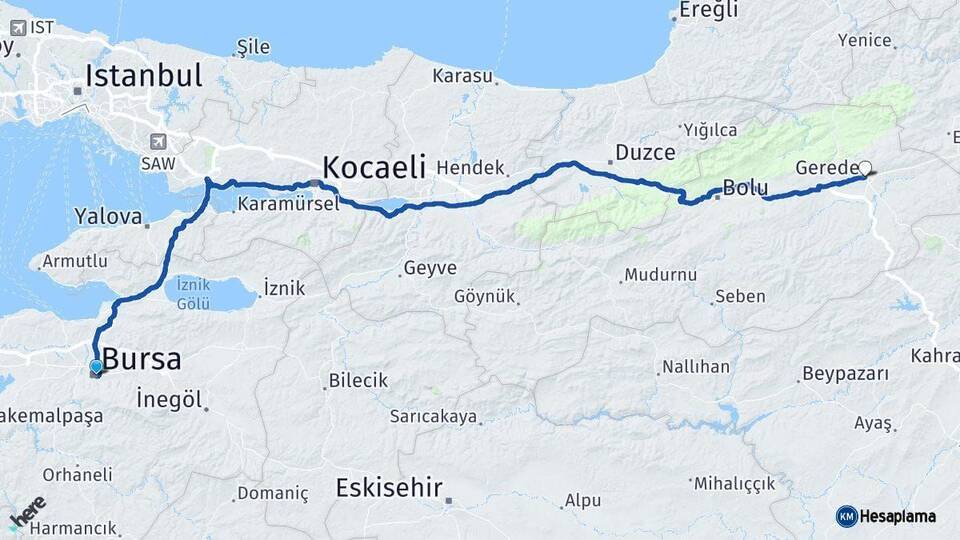Bursa Gerede Bolu Arası Kaç Km - Yol Haritası