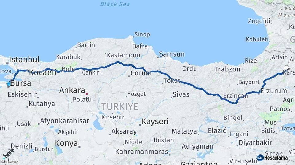 Bursa Göle Ardahan Arası Kaç Km - Yol Haritası