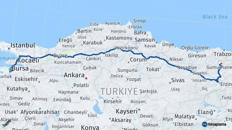 Bursa Gümüşhane Arası Kaç Km - Yol Haritası