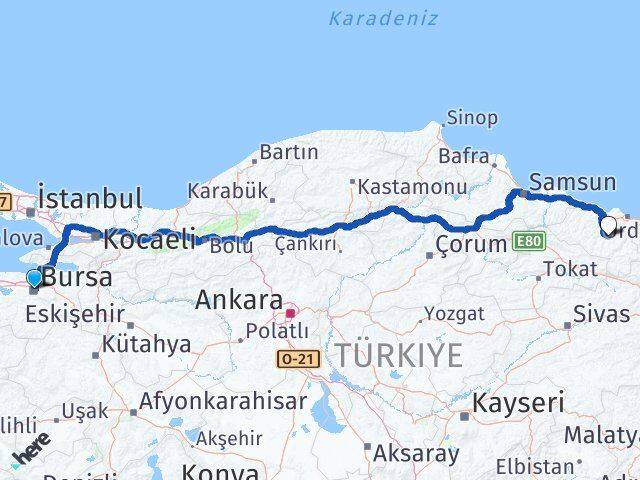 Bursa Gürgentepe Ordu Arası Kaç Km - Yol Haritası