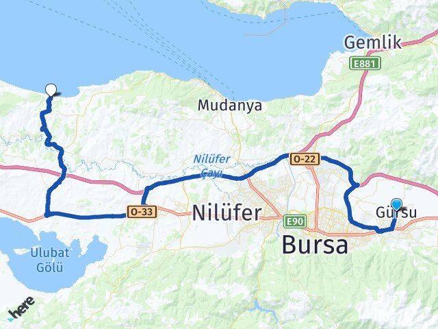 Bursa Gürsu Eğerce Mudanya Arası Kaç Km - Yol Haritası