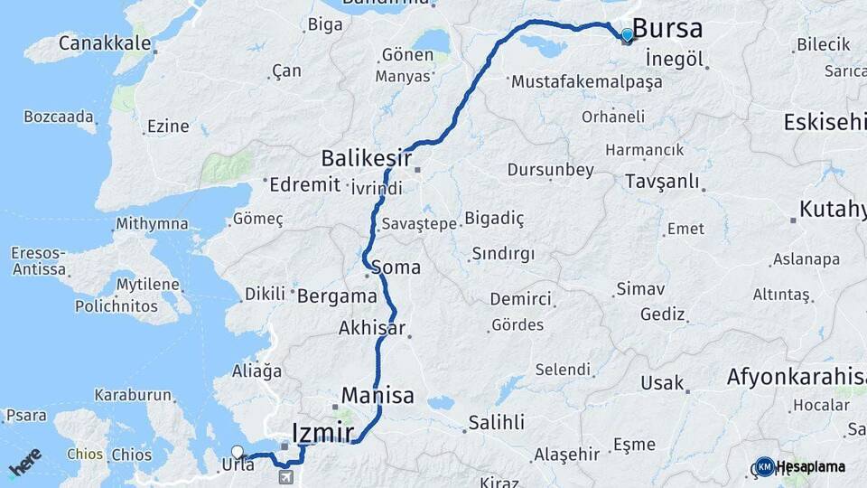 Bursa Güzelbahçe İzmir Arası Kaç Km - Yol Haritası