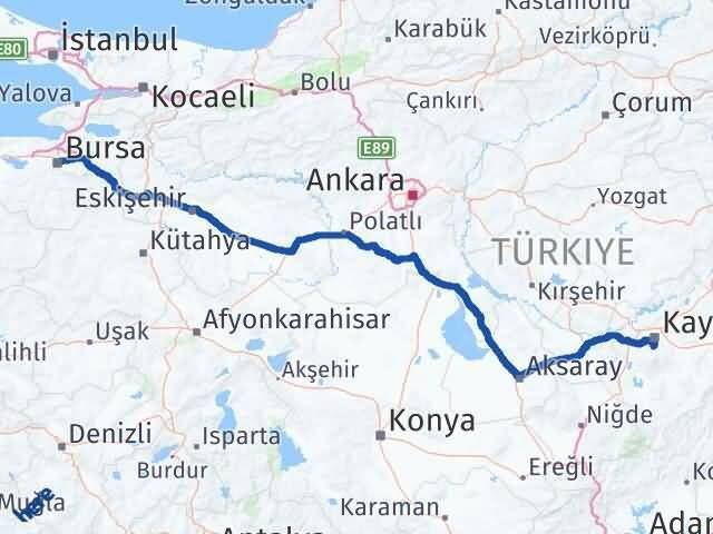 Bursa Hacılar Kayseri Arası Kaç Km - Yol Haritası