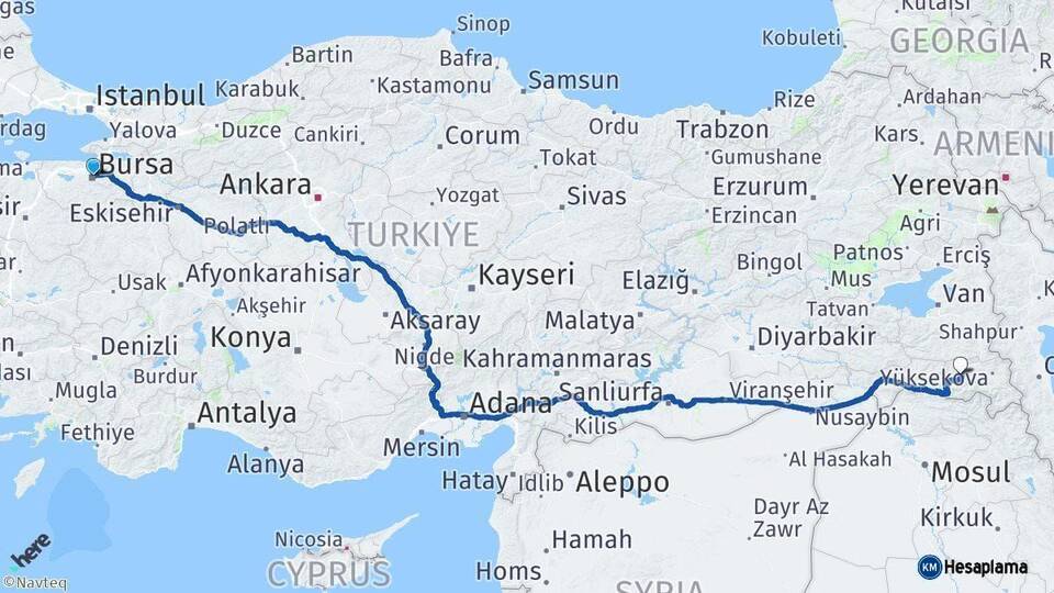 Bursa Hakkari Arası Kaç Km - Yol Haritası