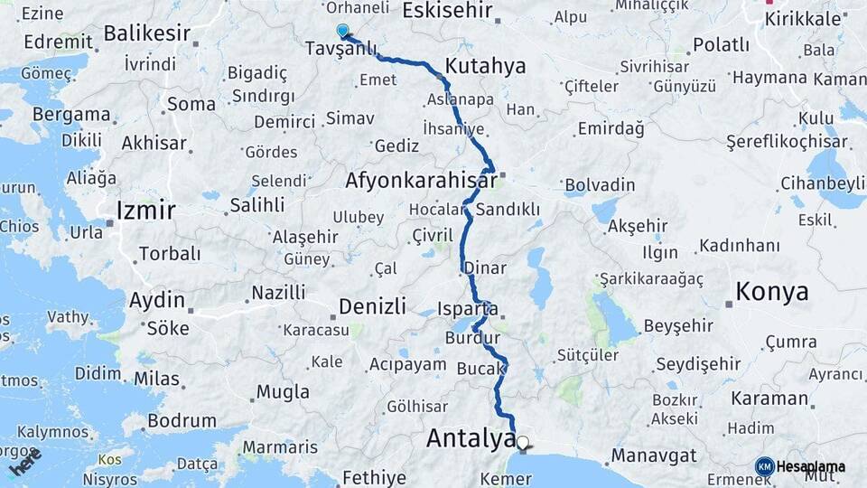 Bursa Harmancık Antalya Arası Kaç Km - Yol Haritası