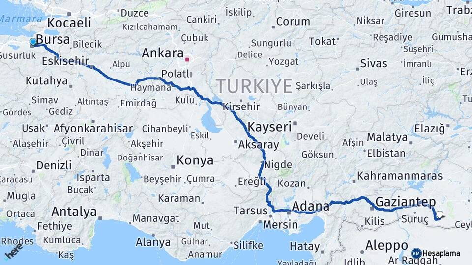 Bursa Harran Şanlıurfa Arası Kaç Km - Yol Haritası