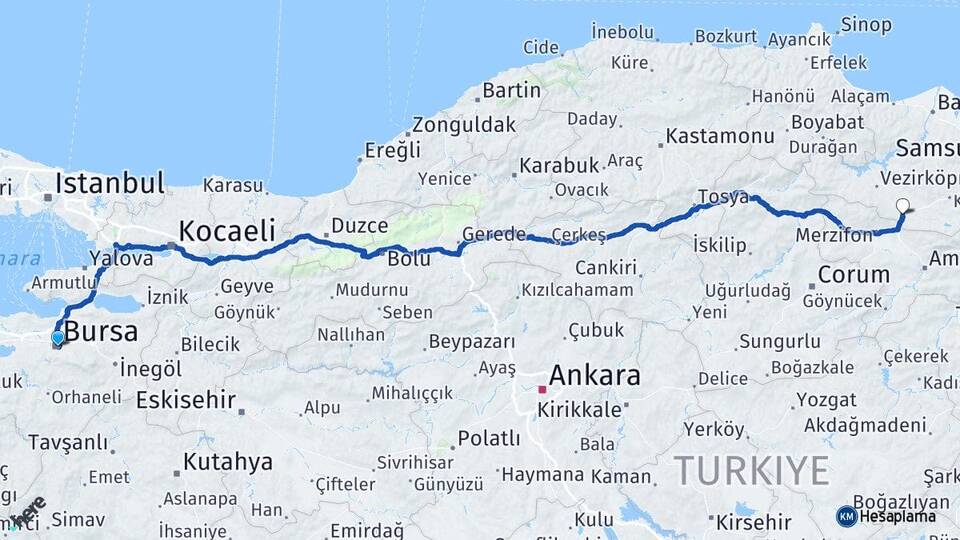 Bursa Havza Samsun Arası Kaç Km - Yol Haritası