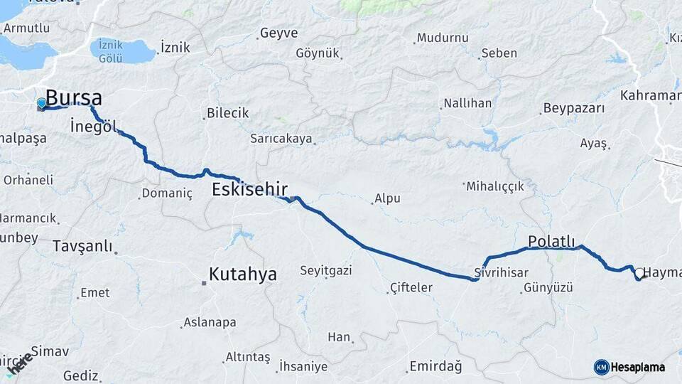 Bursa Haymana Ankara Arası Kaç Km - Yol Haritası