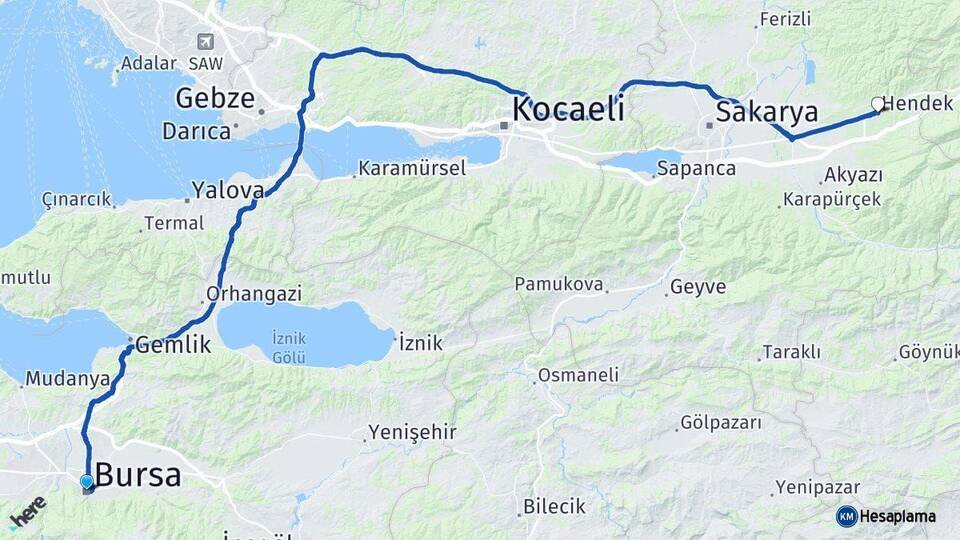 Bursa Hendek Sakarya Arası Kaç Km - Yol Haritası