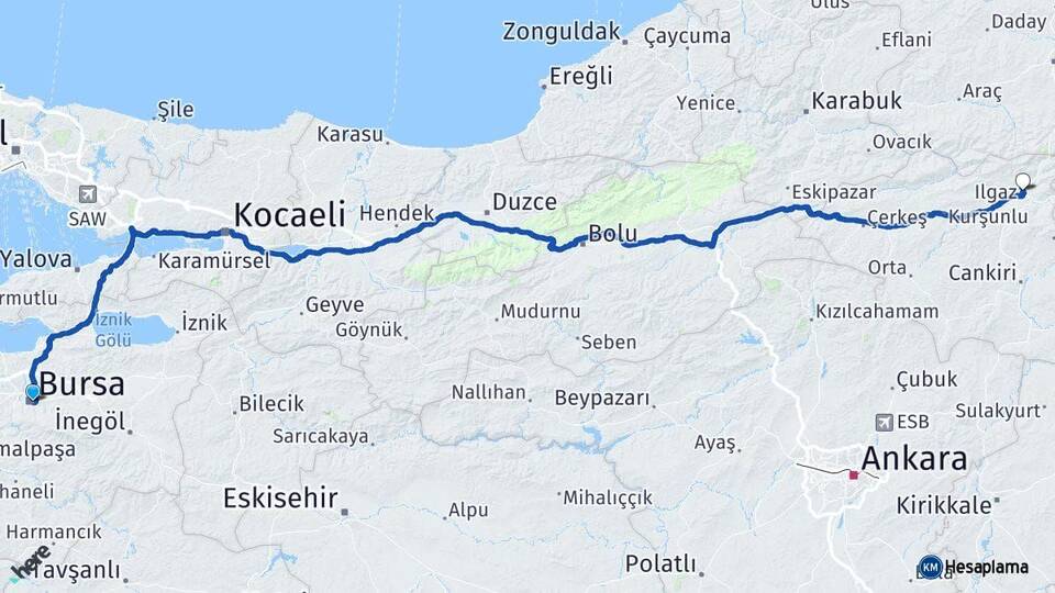 Bursa Ilgaz Çankırı Arası Kaç Km - Yol Haritası