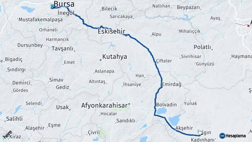 Bursa Ilgın Konya Arası Kaç Km - Yol Haritası