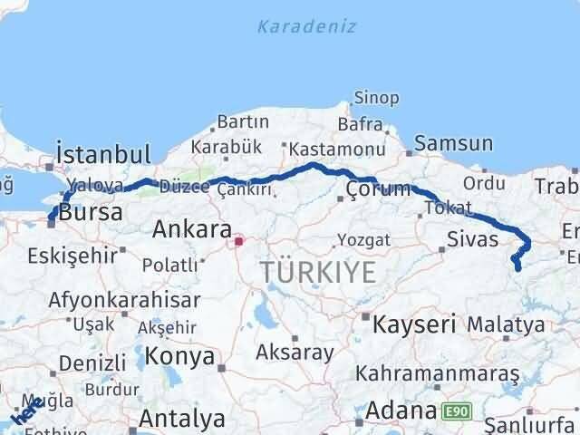 Bursa İliç Erzincan Arası Kaç Km - Yol Haritası