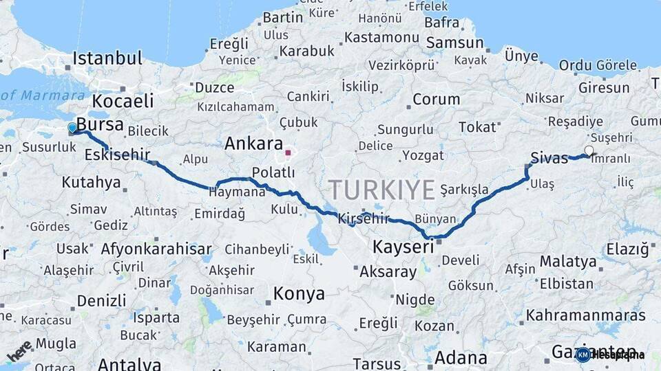 Bursa İmranlı Sivas Arası Kaç Km - Yol Haritası