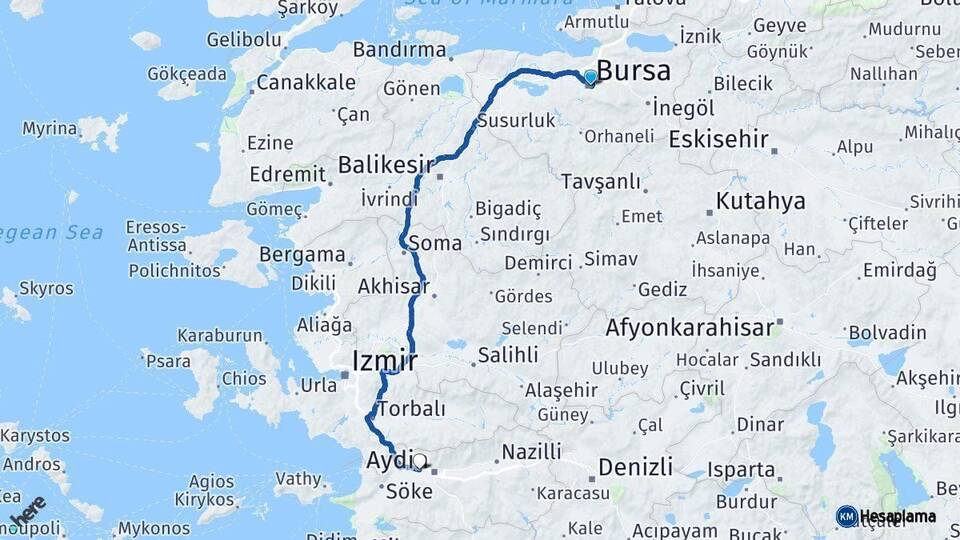 Bursa İncirliova Aydın Arası Kaç Km - Yol Haritası