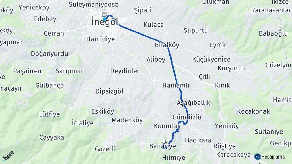 Bursa İnegöl Bahariye İnegöl Arası Kaç Km - Yol Haritası
