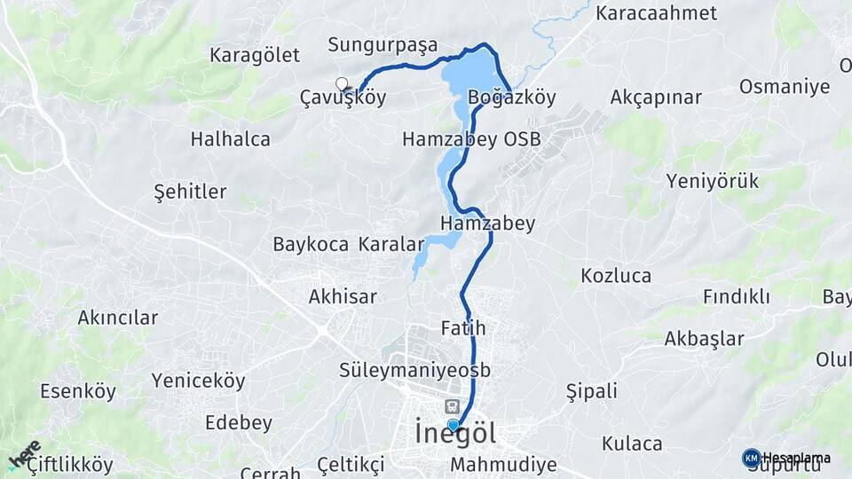 Bursa İnegöl Çavuşköy İnegöl Arası Kaç Km - Yol Haritası