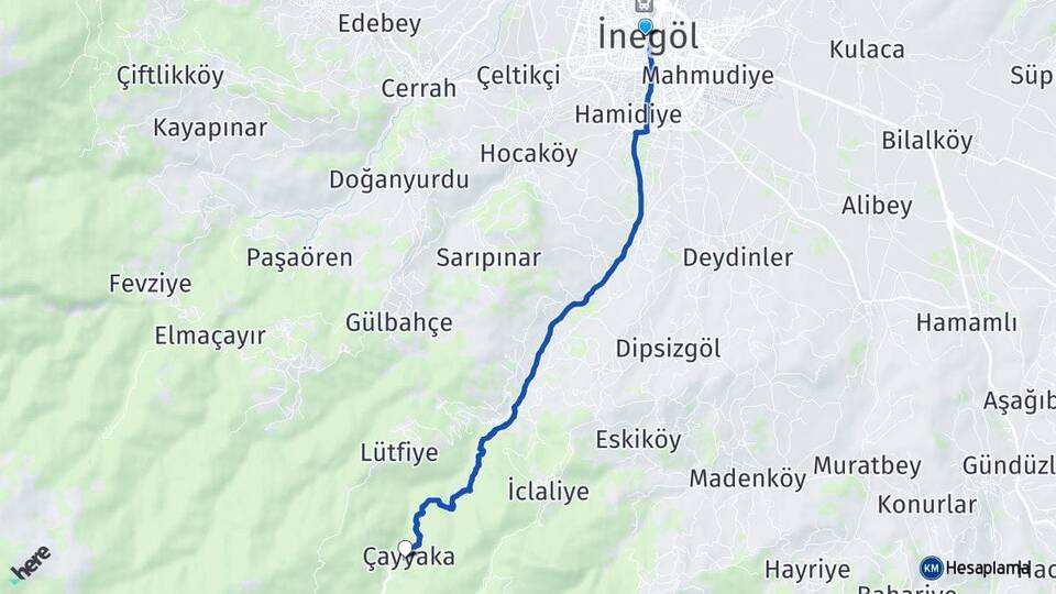 Bursa İnegöl Çayyaka İnegöl Arası Kaç Km - Yol Haritası