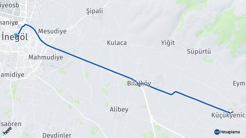 Bursa İnegöl Küçükyenice İnegöl Arası Kaç Km - Yol Haritası