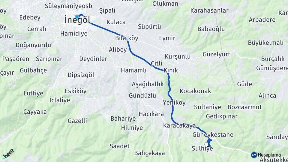 Bursa İnegöl Mezit İnegöl Arası Kaç Km - Yol Haritası