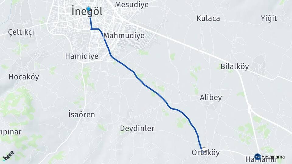 Bursa İnegöl Ortaköy İnegöl Arası Kaç Km - Yol Haritası