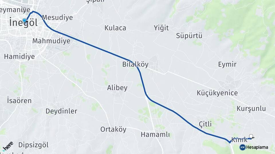 Bursa İnegöl Özlüce İnegöl Arası Kaç Km - Yol Haritası