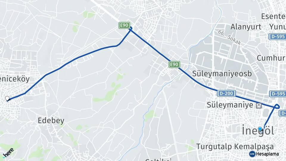 Bursa İnegöl Yenice İnegöl Arası Kaç Km - Yol Haritası