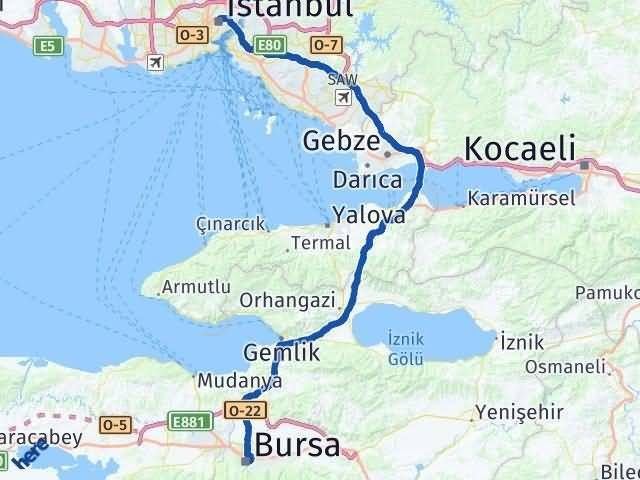 bursa istanbul arasi kac km kac saat yol tarifi