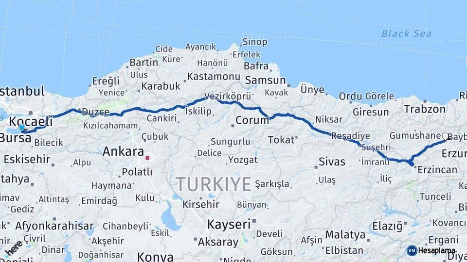 Bursa İznik Bayburt Arası Kaç Km - Yol Haritası