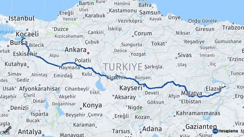 Bursa İznik Elazığ Arası Kaç Km - Yol Haritası