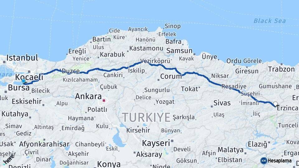 Bursa İznik Erzincan Arası Kaç Km - Yol Haritası