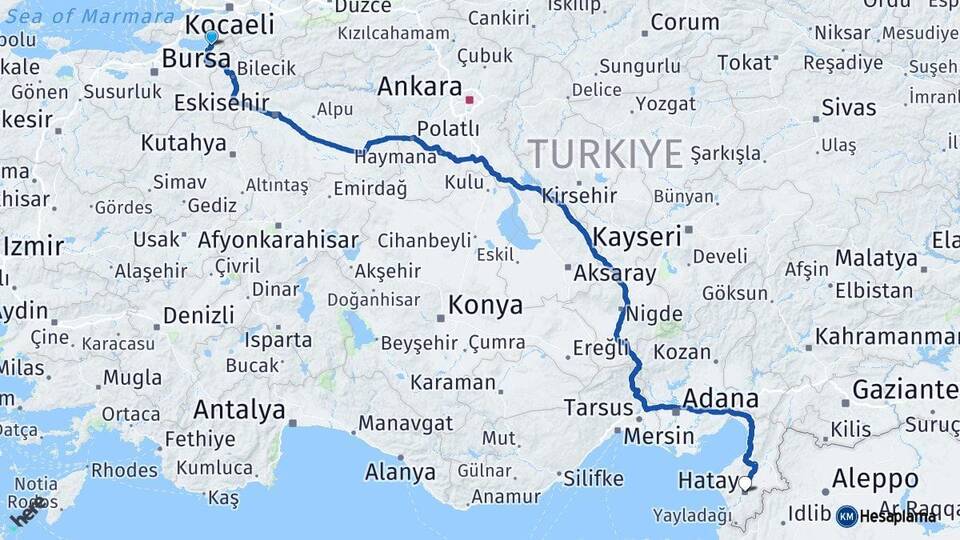 Bursa İznik Hatay Arası Kaç Km - Yol Haritası