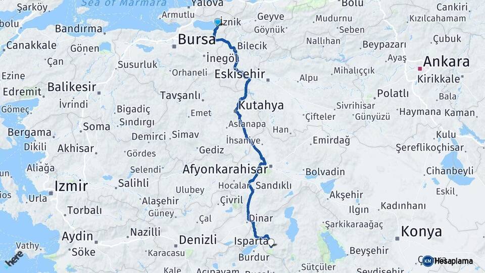 Bursa İznik Isparta Arası Kaç Km - Yol Haritası