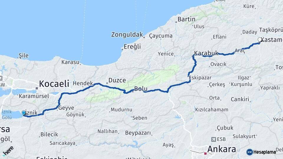 Bursa İznik Kastamonu Arası Kaç Km - Yol Haritası