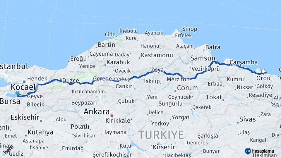 Bursa İznik Ordu Arası Kaç Km - Yol Haritası