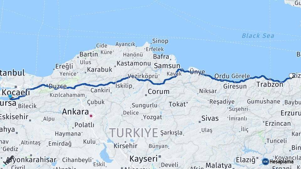 Bursa İznik Rize Arası Kaç Km - Yol Haritası