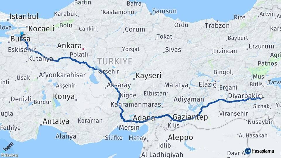 Bursa İznik Siirt Arası Kaç Km - Yol Haritası
