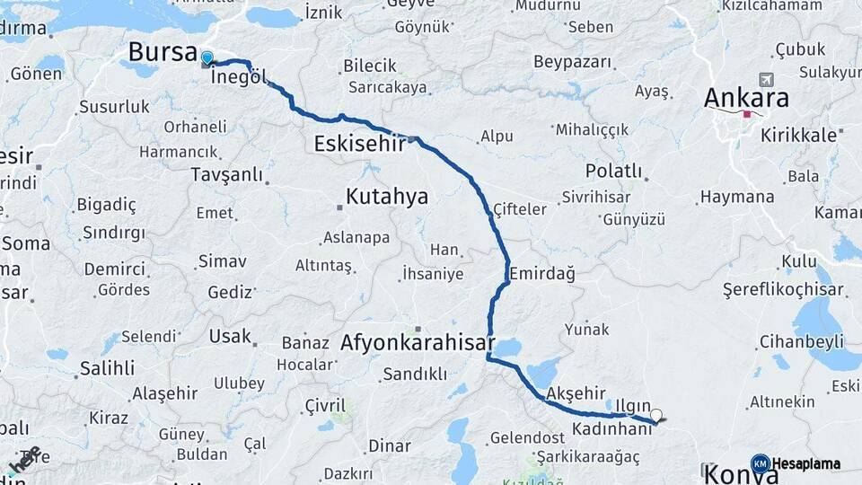 Bursa Kadınhanı Konya Arası Kaç Km - Yol Haritası