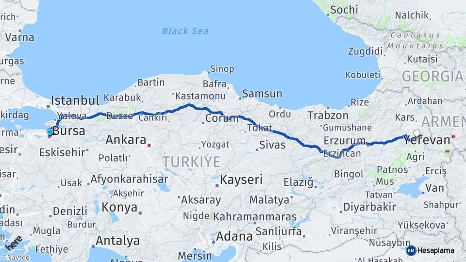 Bursa Kağızman Kars Arası Kaç Km - Yol Haritası