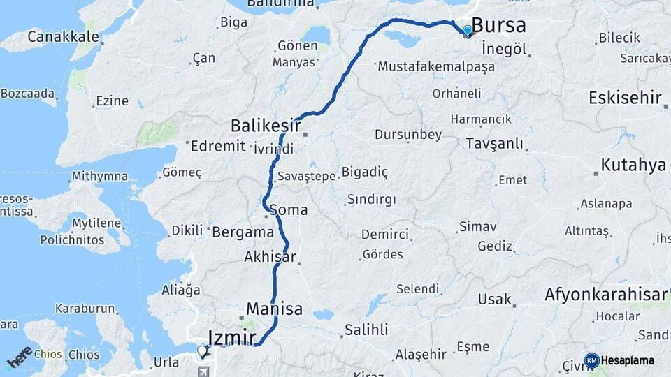 Bursa Karabağlar İzmir Arası Kaç Km - Yol Haritası