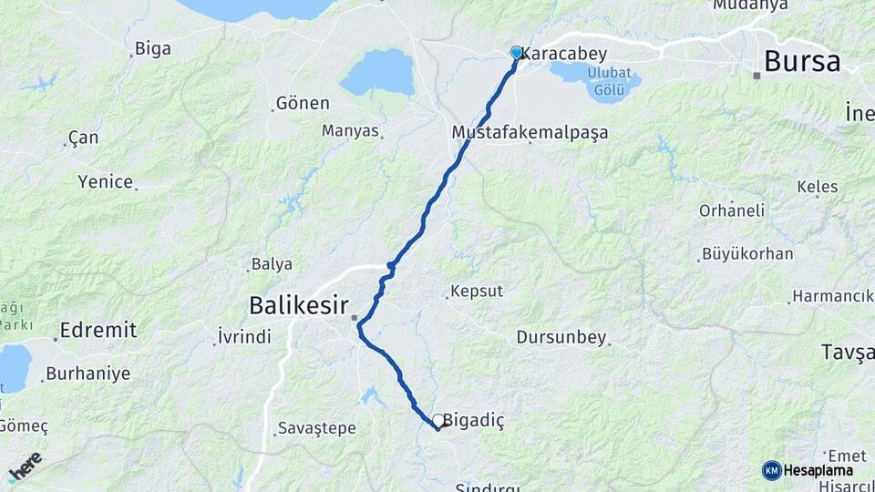 Bursa Karacabey Bigadiç Balıkesir Arası Kaç Km - Yol Haritası