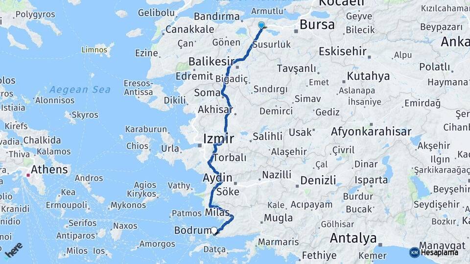 Bursa Karacabey Bodrum Muğla Arası Kaç Km - Yol Haritası