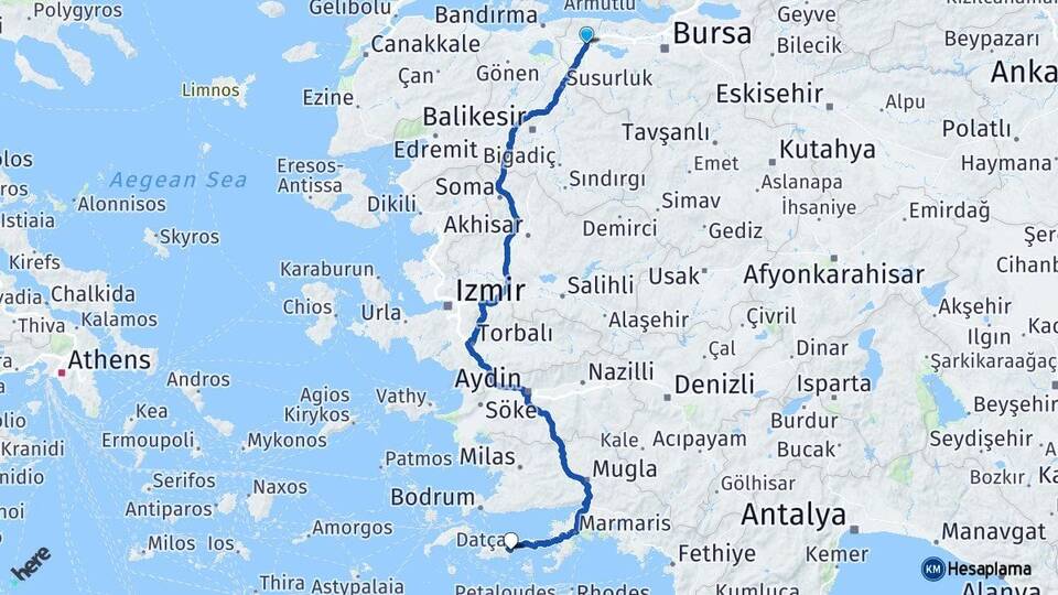 Bursa Karacabey Datça Muğla Arası Kaç Km - Yol Haritası