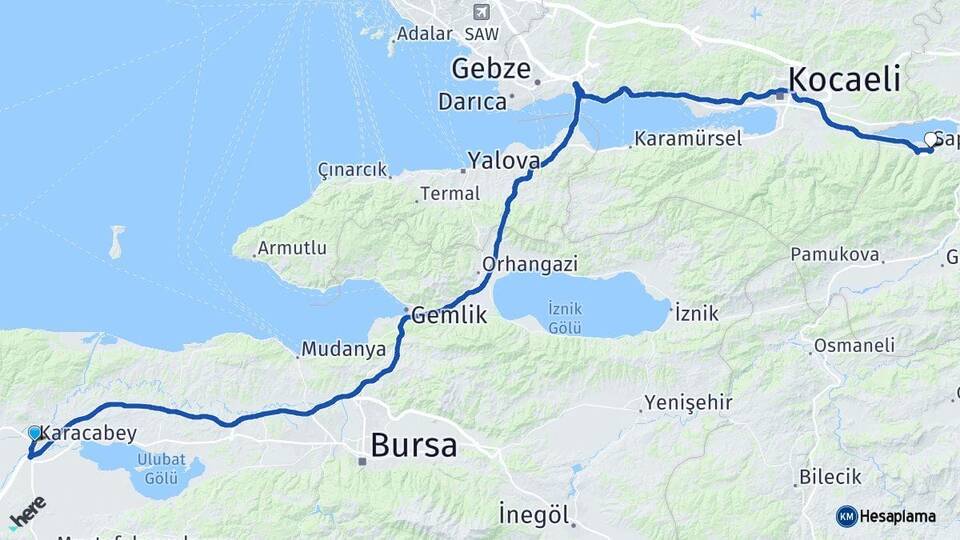 Bursa Karacabey Sapanca Sakarya Arası Kaç Km - Yol Haritası
