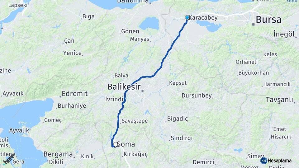 Bursa Karacabey Soma Manisa Arası Kaç Km - Yol Haritası