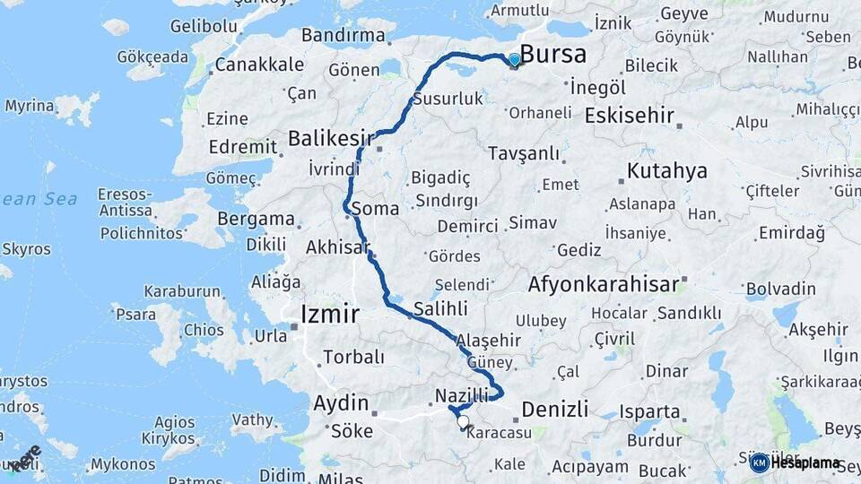 Bursa Karacasu Aydın Arası Kaç Km - Yol Haritası